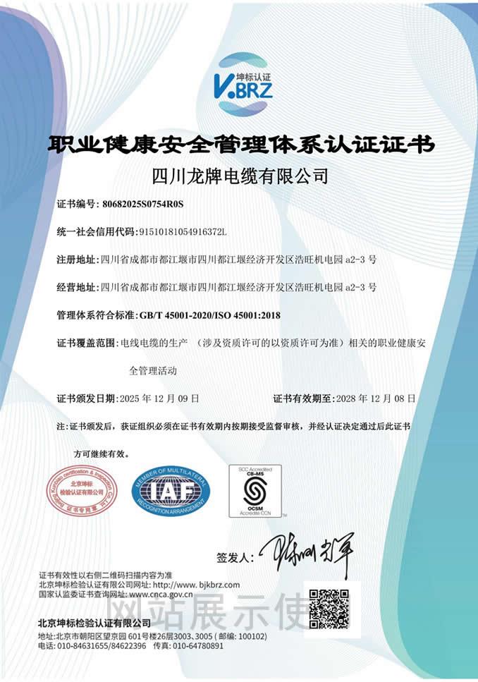 職業(yè)健康安全管理體系認(rèn)證證書(shū)